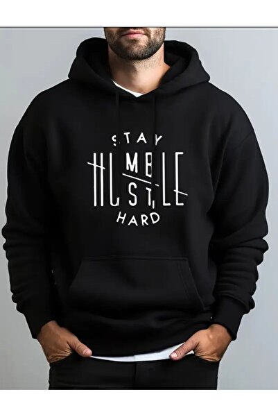 herkesemoda Hanorac cu glugă Stay Hard Print, cu detaliu de imprimare, cu fle...