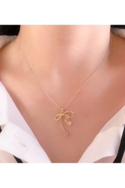 JEWELRY Çelik Pembe Kalp Fiyonk Kolye