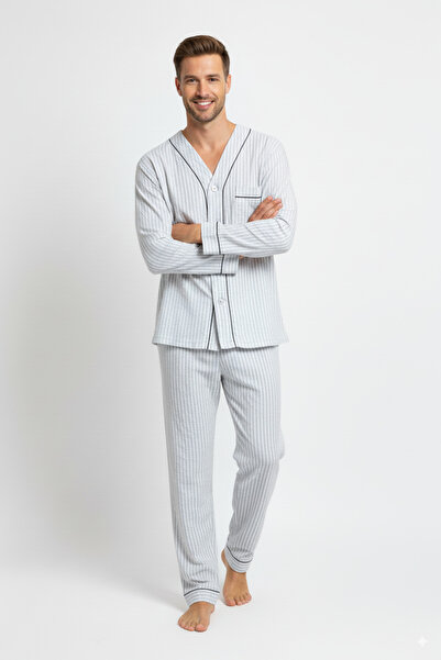 Oppland Erkek Pijama Takımı %100 İpek Kumaş Klasik Model Cepli Rahat Tam Kalıp