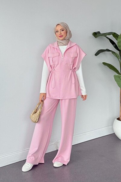 Şulemoda Giyim Retro Scuba Yelekli Takım Pembe