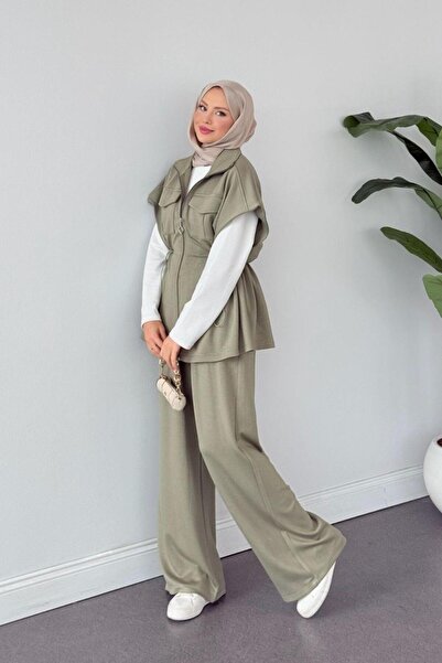 Şulemoda Giyim Retro Scuba Yelekli Takım Haki