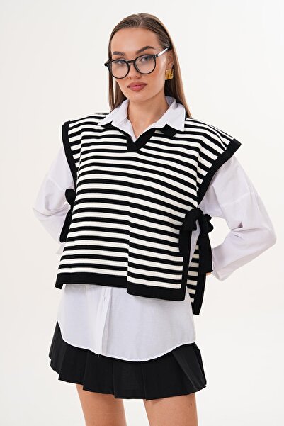 ŞİMAL Kadın Çizgi Desenli Yakalı Yanları Bağlama Detaylı Triko Örme Süveter 255194 -