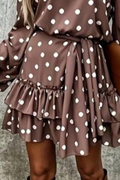 Mossta V-Neck Polka Dot Ruffled Mini Dress - Mink