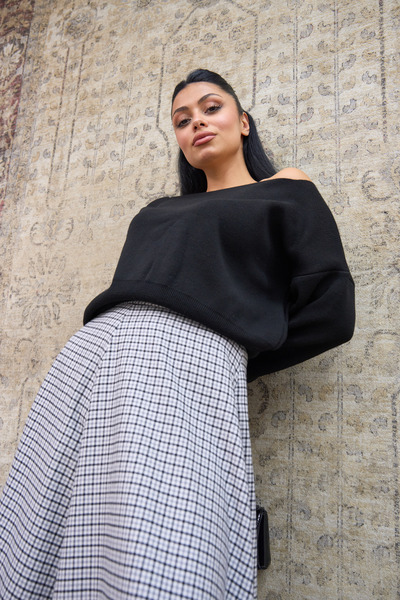 KÜÇÜĞÜM BUTİK Black Boat Neck Oversize Knit Sweater