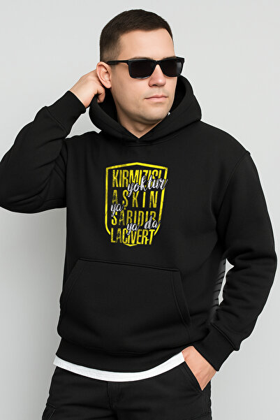 ZENG Sarı Lacivert Fener Baskılı Sweatshirt Kapüşonlu Siyah
