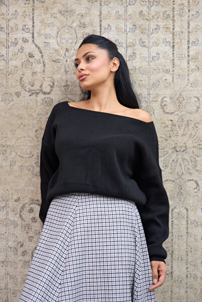 KÜÇÜĞÜM BUTİK Black Boat Neck Oversize Knit Sweater