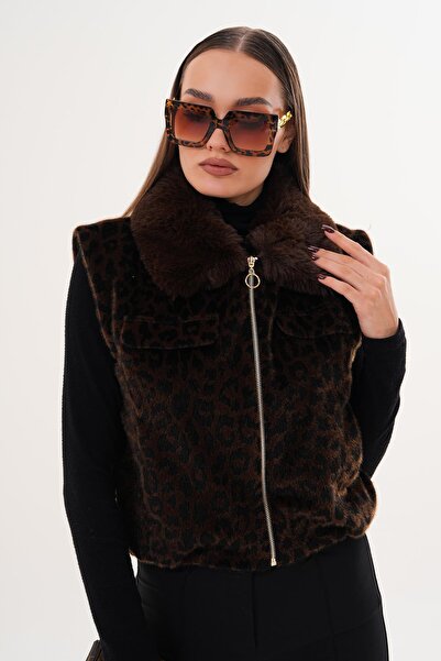 ŞİMAL Vestă cu pene cu model leopard pentru femei 255380 -