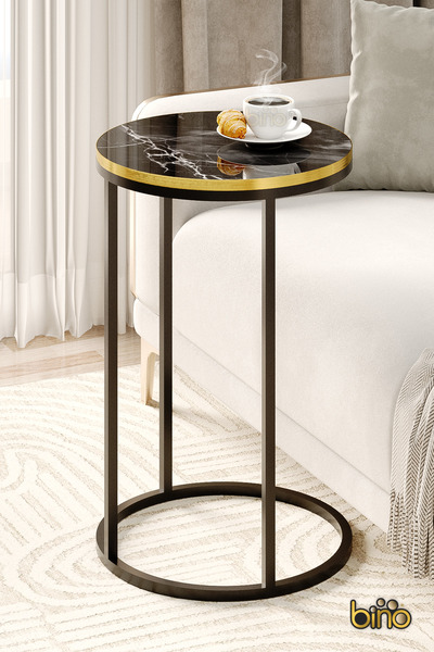 Bino Yan Sehpa C Sehpa Orta Sehpa Masa Servis Sehpası Mermer Desenli 39CM Gen...