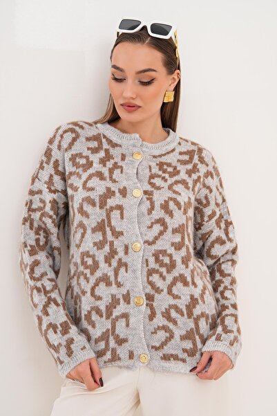 ŞİMAL Women's Leopard Print Button Closure Knitwear Knitted Cardigan 255143 -