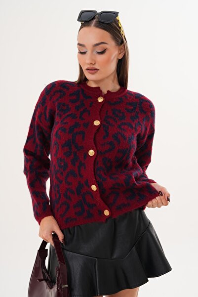 ŞİMAL Kadın Leopar Desen Düğme Kapamalı Triko Örme Hırka 255143 -