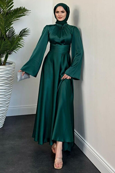 Tesettür Diyarı Kadın İspanyol Kol Belden Bağlamalı Saten Tesettür Abiye- Pet...