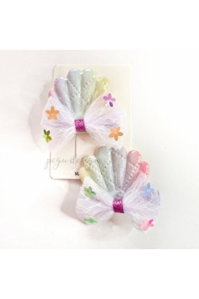 pegu baby collection White Set of 2 Shiny Sea Shell with Bow School Nursery Children Baby Hair Clip 02