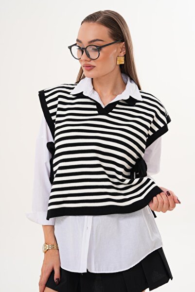 ŞİMAL Kadın Çizgi Desenli Yakalı Yanları Bağlama Detaylı Triko Örme Süveter 255194 -