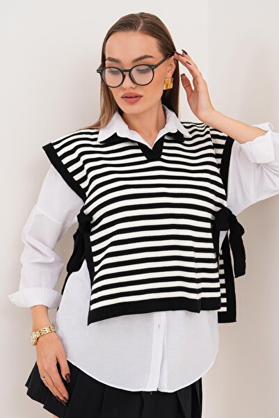 ŞİMAL Kadın Çizgi Desenli Yakalı Yanları Bağlama Detaylı Triko Örme Süveter 255194 -