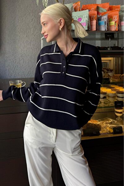 Madmext Синій поло з смужками, жіночий трикотажний светр MG2470