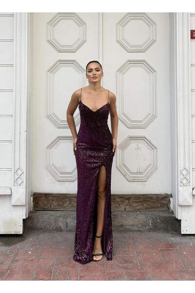 SELİN MODA EVİ Rochie din catifea cu paiete, mov 583293