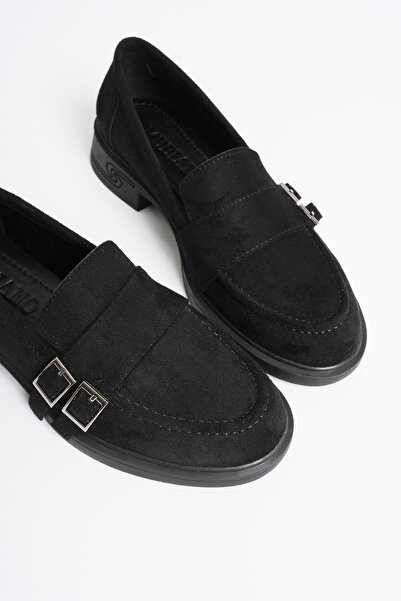 Mubiano Mocasini din piele intoarsa pentru dama, cu catarama platinata, negru Viva