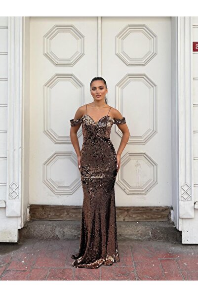 SELİN MODA EVİ Φόρεμα Trend Band με βελούδινο μανίκι ψαροκόκαλο GOLD 583198