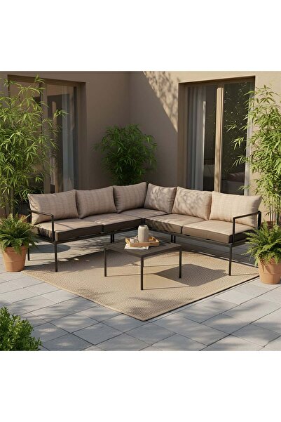 Danube Home طقم أريكة أوين الخارجية بخمسة مقاعد | أثاث حدائق بإطار فولاذي | مقاعد فناء عصرية - بني