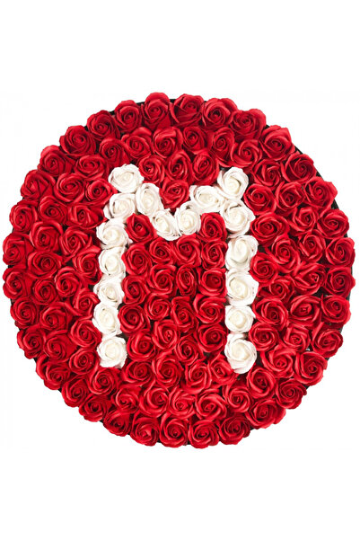 velve Aranjament floral personalizat cu litera, cutie rotunda neagra cu 135 t...