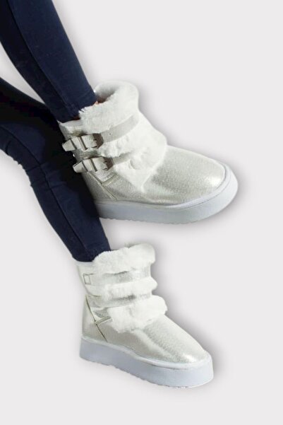 Liger İçi Kürklü Çift Kemerli Kalın Taban Kız Çocuk Bot BEYAZ