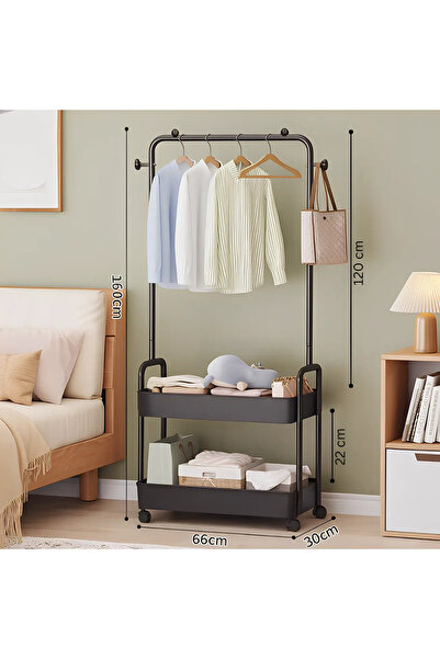 Herum Mobile metal coat rack with space for hangers, 2 compartments, Black, 66 x 30 x 160 cm