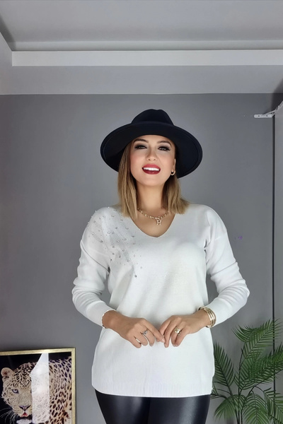 Bİ.GİYSEN Kadın Beyaz V Yaka Omzu Kristal İnci Ve Taş İşlemeli Likralı Tiriko...