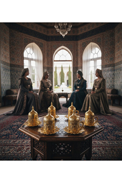 BUSEM Ahsen 6 Kişilik Kapaklı Lale Desenli Türk Kahve Fincanı Seti 24 Parça A...