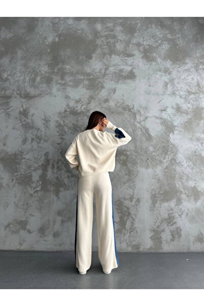 LE CARAMBOLE Women's Ecru Denim Stripe Detailed Top and Bottom Knitwear Set