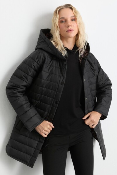 Selen Giyim Kendinden Kapüşonlu İçi Leopar Kapitone Mont