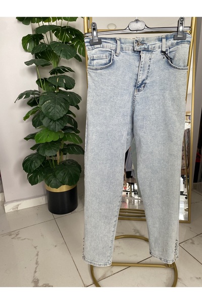 Anka Paçası Taş Detaylı Likralı beli lastikli kot pantolon