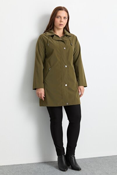 Selen Giyim Büyük Beden Önü Fermuarlı Çıtçıtlı Trençkot