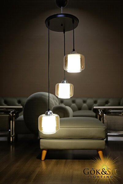 Göksu Lighting Cam 3 lü Sarkıt Avize Modern Yemek Odası Salon Hol Antre