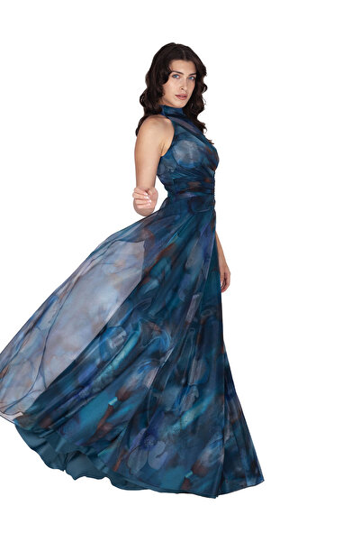 b&ççizgi Dik Yaka Boğazlı Desenli Tül Abiye