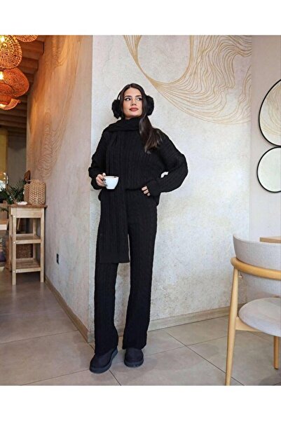 LE CARAMBOLE Women's Black Hair Braided Scarf Sweater Pants Three-Piece Knitwear Set