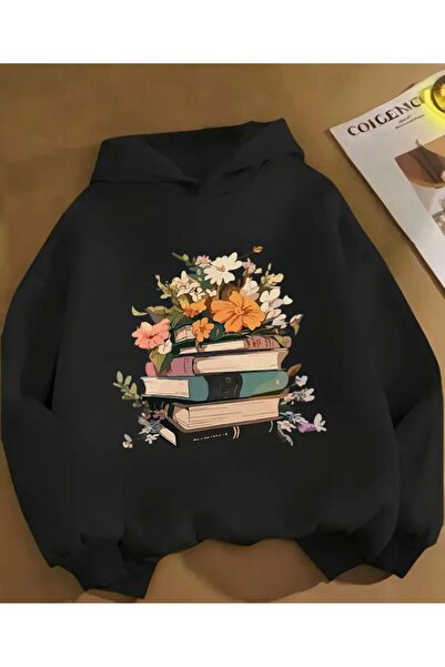 herkesemoda سترة بقلنسوة مطبوعة بتصميم كتاب وزهرة مع بطانة من الصوف من الداخل