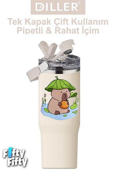 DILLER Tumbler 950 ML Tek Kapak Çift Kullanım Pipetli/Pipetsiz Taşıma Kulplu Çelik Termos-FFDILLERD9