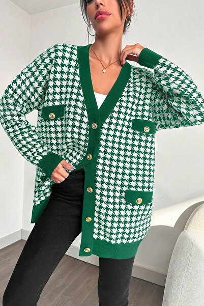 H&E LUXURY DESIGN Women's Stylish Houndstooth Pattern Soft Textured Oversize Buttoned Cardigan