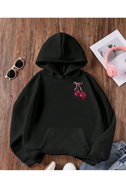 herkesemoda Суитшърт с качулка, подплатен с флис, с детайли от череши на гърдите