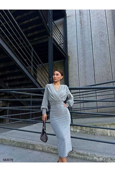 Modafeminen Double Breasted Collar Long Sleeve Glitter Midi Dress 583167 Gray