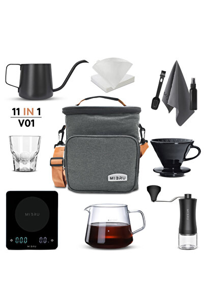 MIBRU V60 Coffee Drip Pour Over Set Of 11 Pcs Includes Manual Kettle Grinder Dripper, filter with Bag Gray