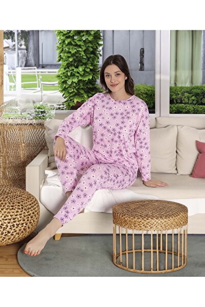 Aydoğan Σετ πιτζάμες Νάπολης με μακρύ μανίκι σε ροζ μωβ σειρά Pure με μοτίβο λουλουδιών