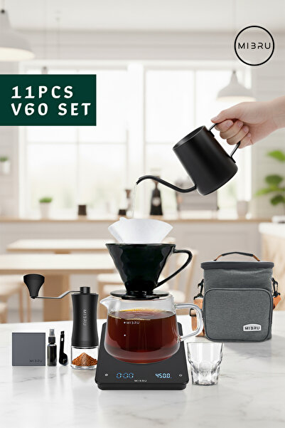 MIBRU V60 Coffee Drip Pour Over Set Of 11 Pcs Includes Manual Kettle Grinder Dripper, filter with Bag Gray