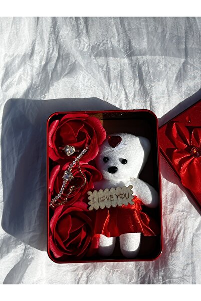 hediye Dikdörtgen Kırmızı Kutusu – Peluş Ayıcık, Gül Detaylı Yüzük ve Bilekli...
