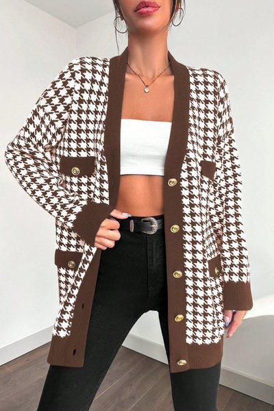 H&E LUXURY DESIGN Women's Stylish Houndstooth Pattern Soft Textured Oversize Buttoned Cardigan