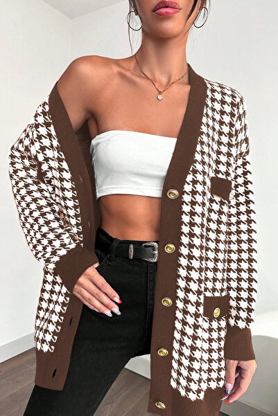 H&E LUXURY DESIGN Women's Stylish Houndstooth Pattern Soft Textured Oversize Buttoned Cardigan