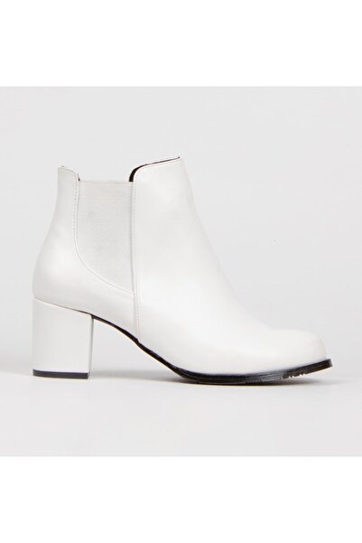 BERFONA Meri Λευκό Δερμάτινο ελαστικό κοντό μποτάκι με τακούνι