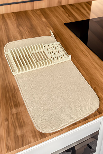 BeeQuin Krem Bulaşık Matı Mikrofiber Tezgah Üstü Örtü Kurulama Kurutma Bezi 36x60cm