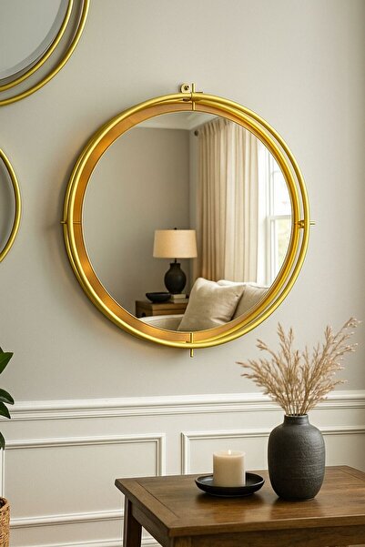 Wallover Design Siesta Kablosuz Gün Işığı LEDLİ GOLD Metal Paslanmaz Çerçeveli Dekoratif Duvar Aynası 65x65 MOBİLYA