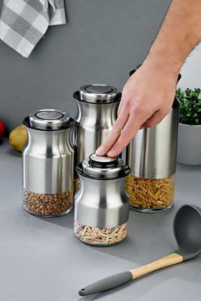 Le Paon 4’lü Paslanmaz Çelik Tuşlu Vakumlu Kavanoz Seti 1800-1500-1300-1000 m...